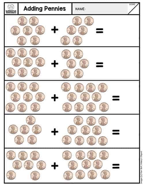 the worksheet for adding pennies with numbers to 10 and counting them into quarters