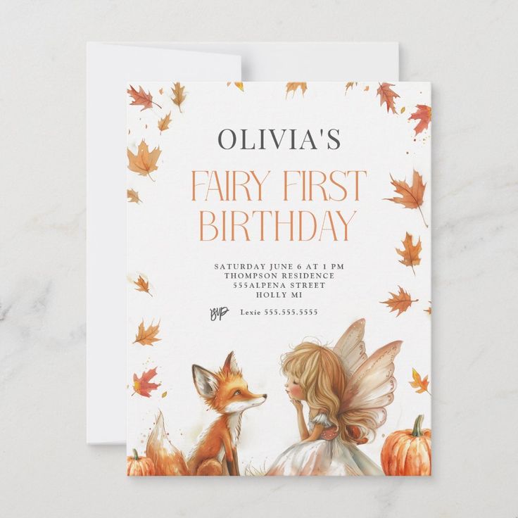 Fall Fairy First Birthday Invitation with a Fox and a pixie with wings and fall leaves and pumpkins Fall Leaves And Pumpkins, Fall Fairy, First Birthday Invite, Fall Birthday Parties, Autumn Fairy, Fall Birthday, First Birthday Invitations, Cute Elephant, Birthday Invite