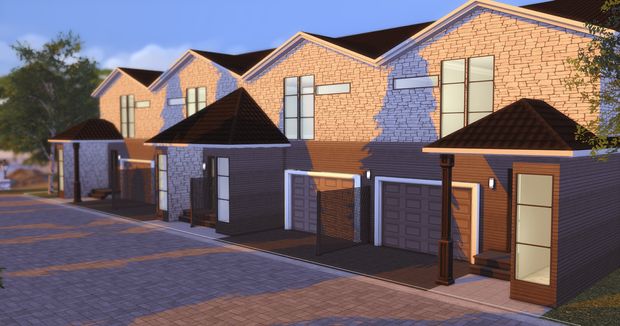 an artist's rendering of a row of houses with garages on each side