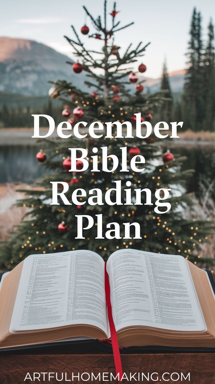 an open Bible used for a Christmas Bible reading plan in front of an outdoor Christmas tree December Bible Reading Plan, Christmas Bible Study, Daily Bible Reading Plan, Advent Readings, Daily Scripture Reading, Christmas Devotional, Christmas Scripture, Advent Devotionals, Christmas Bible Verses