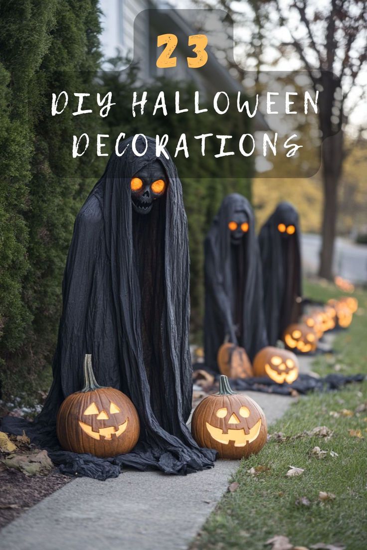 halloween decorations with pumpkins and ghost heads on the sidewalk