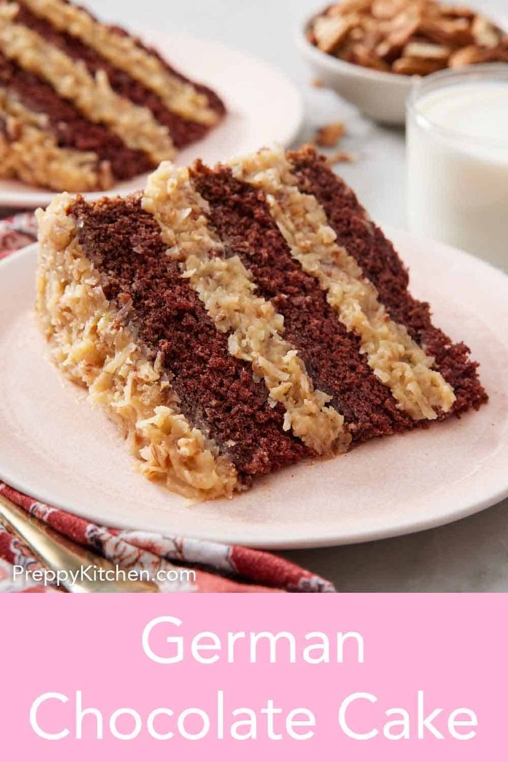 a close up of a piece of cake on a plate with the words german chocolate cake