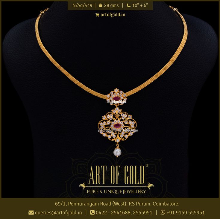 the art of gold necklace is displayed on a mannequin with an advertisement for it