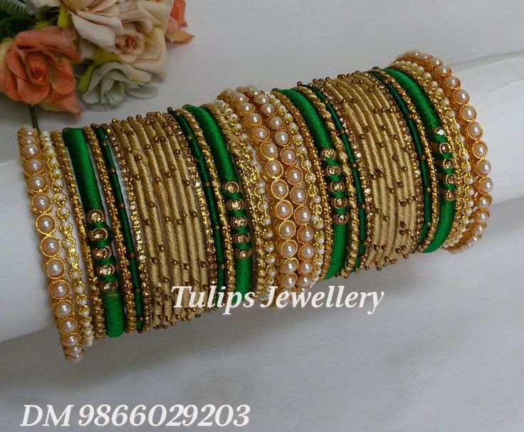 green and gold bang set with pearls