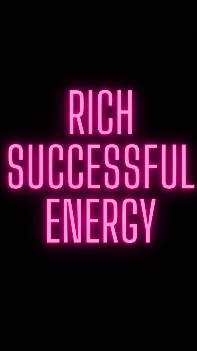 the words, rich successful energy are lit up in pink neon letters on a black background