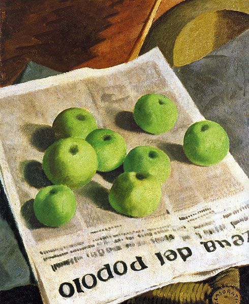 a painting of green apples sitting on top of a newspaper next to a bowl of fruit