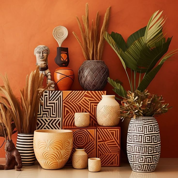 several vases and plants on a table against an orange wall