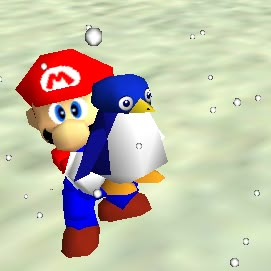 an image of mario and his penguin friend in the air with bubbles around them,