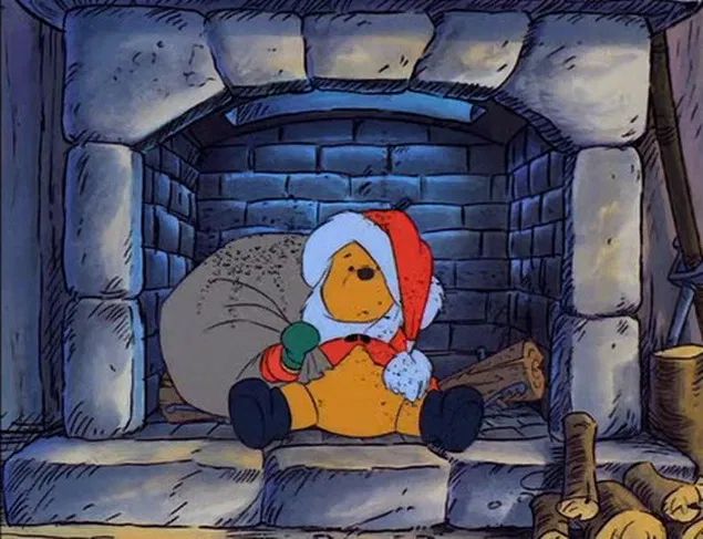 winnie the pooh sitting in front of a fireplace with a santa hat on and holding a baseball bat