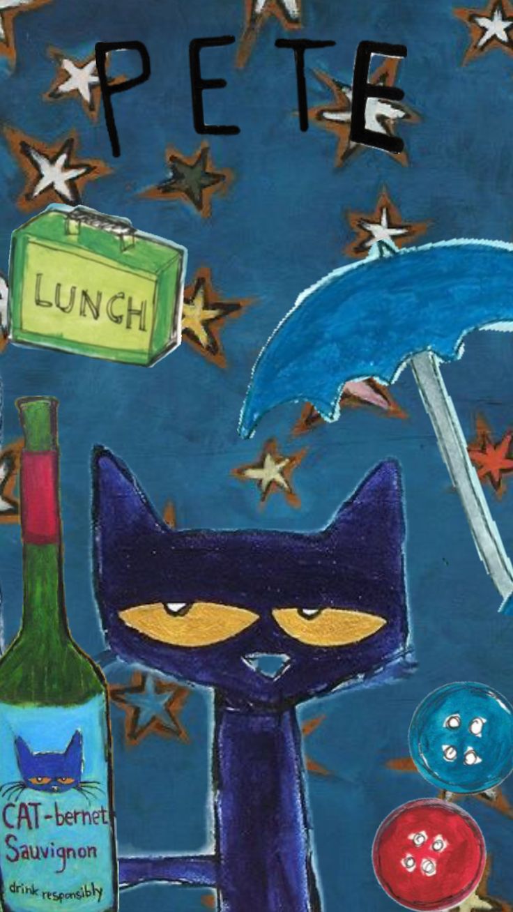 a painting of a cat holding an umbrella and a wine bottle with the words pete lunch written on it