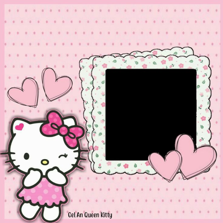 an image of hello kitty with hearts around her and a photo frame on the wall