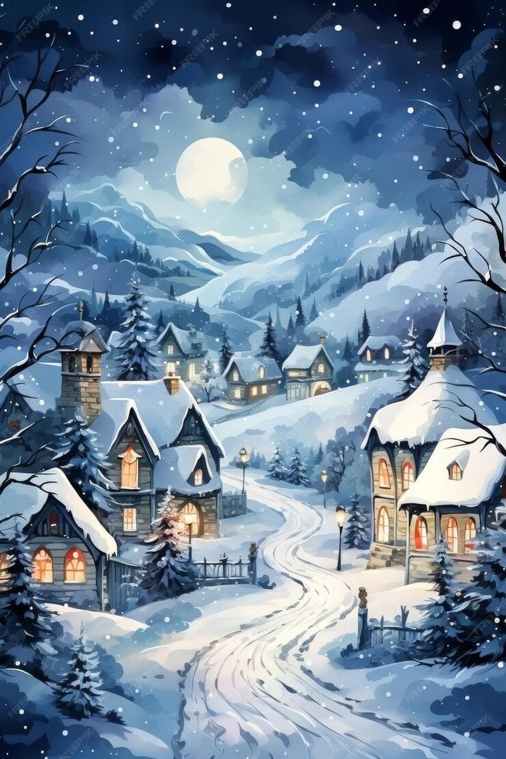 a painting of a snowy village at night