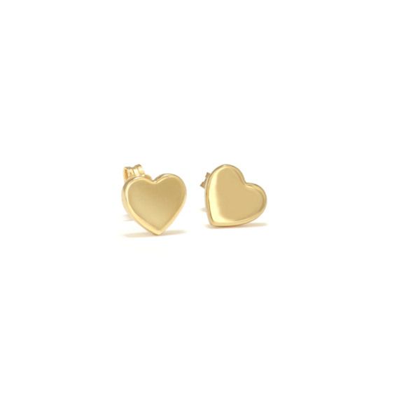 These lovely heart earrings are crafted from quality 14 karat yellow gold with a high polished finish and are approximately 1/3 of an inch long. The earrings are secured with friction posts and backs. Elegant Hypoallergenic Huggie Heart Earrings, Elegant Everyday Heart Huggie Earrings, Elegant Everyday Huggie Heart Earrings, Valentine's Day Gift Earrings With Polished Finish, Elegant Heart Charm Huggie Earrings, 14k Gold Round Heart Pierced Earrings, 14k Gold Heart Pierced Earrings, Classic Double Heart White Gold Earrings, Formal Double Heart Earrings With Heart Charm