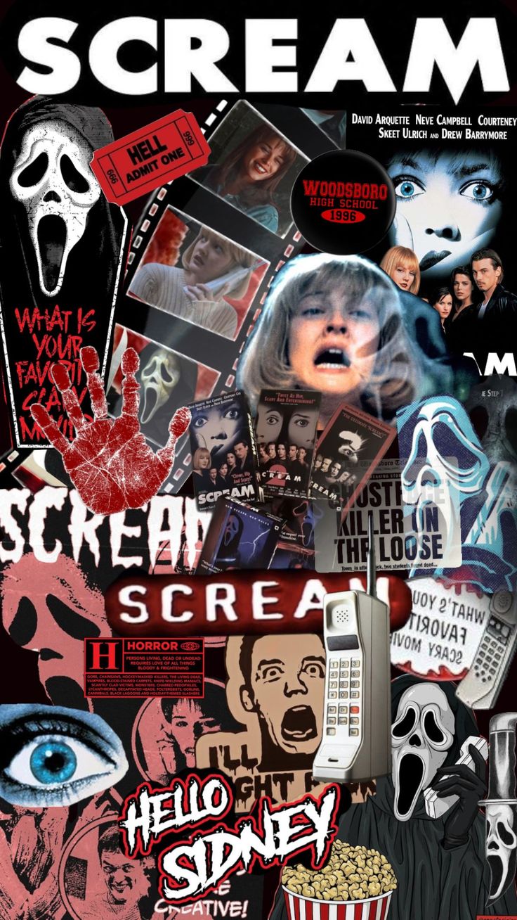 the scream movie poster is shown with many different pictures and words on it, including an image of a woman's face