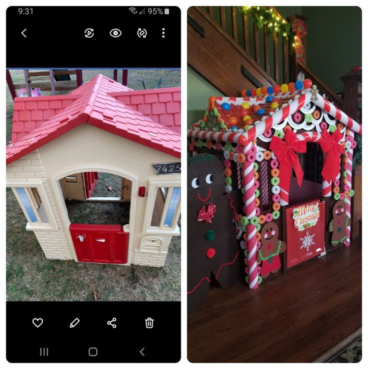 there are two pictures one has a house and the other is a dollhouse made out of candy canes