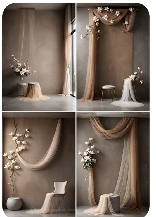 four different shots of flowers and chairs in front of a curtained wall with sheer drapes