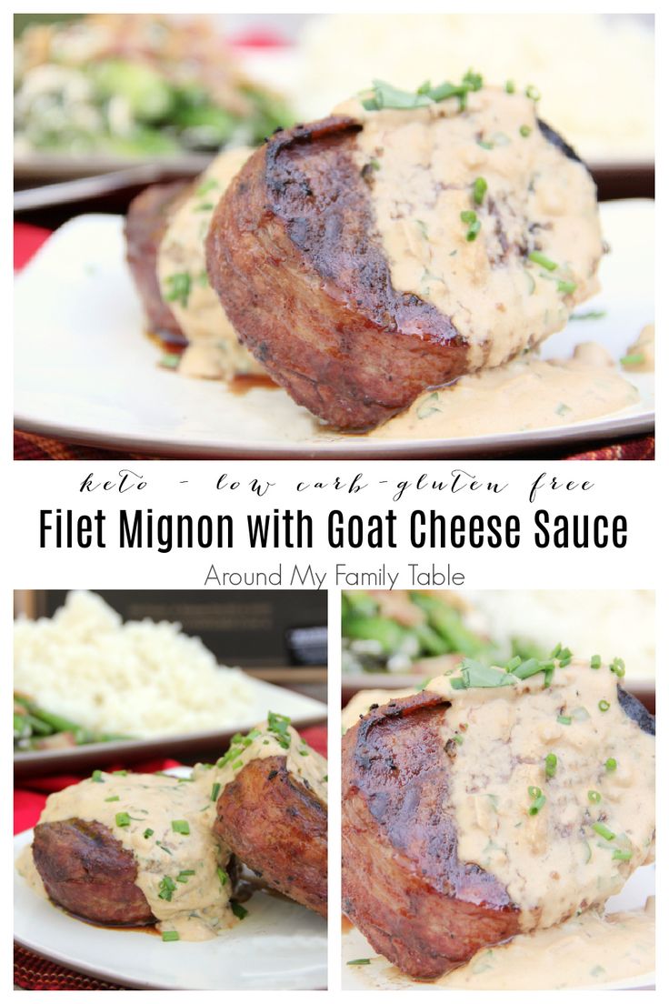 two plates with meat covered in gravy on them and the words, filet midon with goat cheese sauce