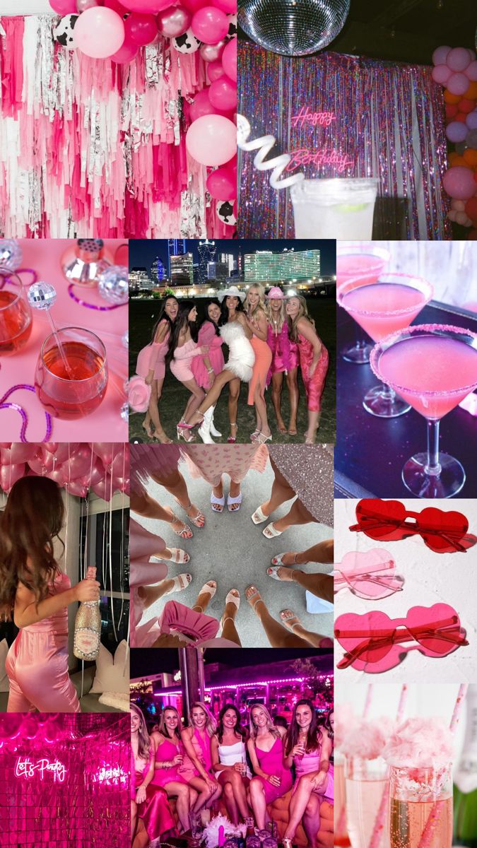 the collage has pink and white balloons, drinks, and other things in it