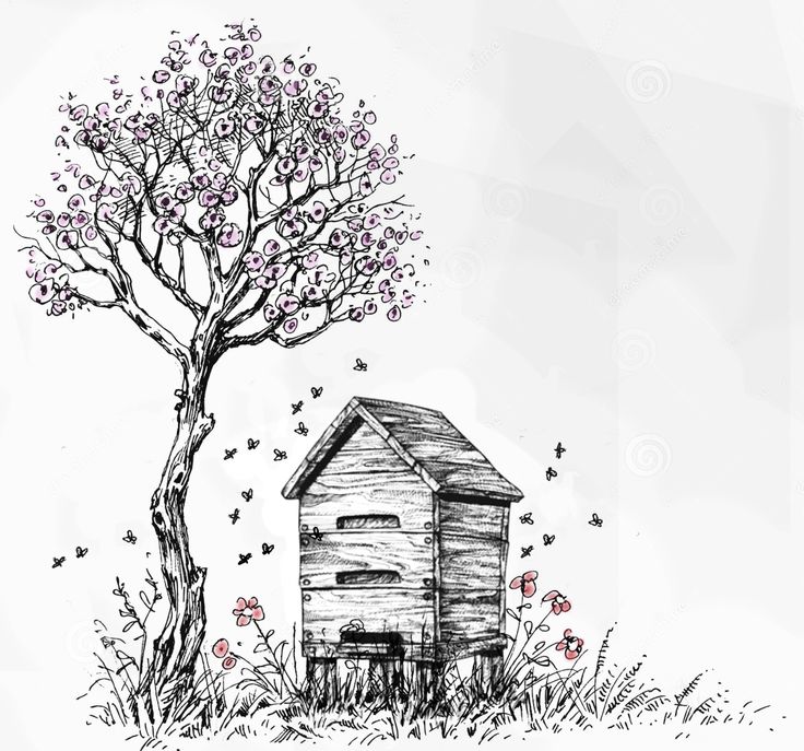 a drawing of a house next to a tree with butterflies flying around it on a white background