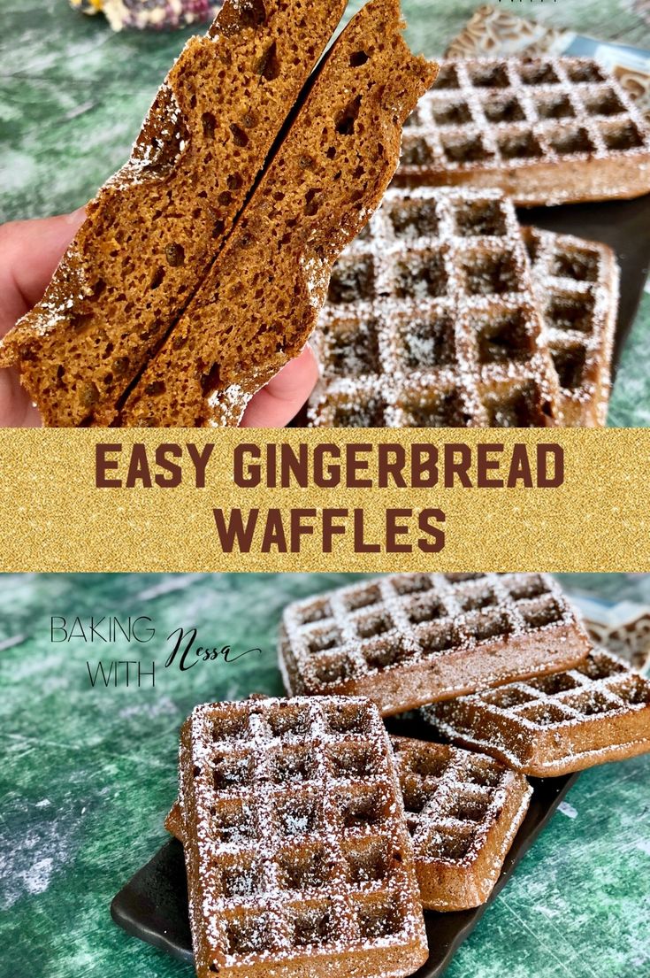 a hand holding a piece of bread over waffles on a plate with the words, easy gingerbread waffles