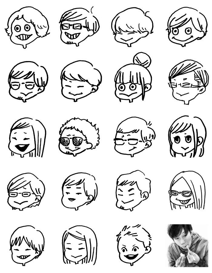 various faces drawn in black and white with one person looking at the camera, while another looks