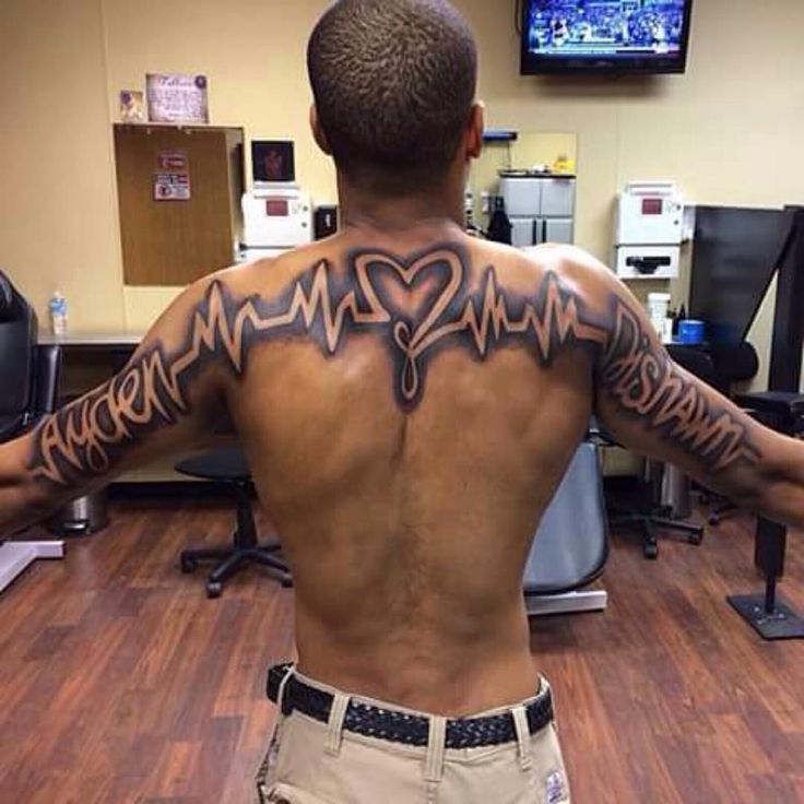 the back of a man with tattoos on his arms and shoulder, standing in front of a computer desk