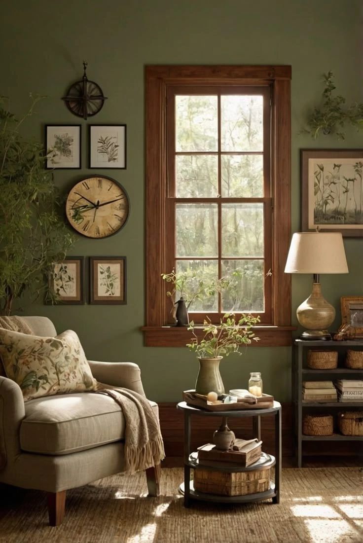 a living room with green walls and pictures on the wall