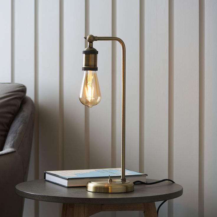 Elegant Antique Brass Table Lamp – Minimalist Exposed Bulb Design - Decor interiors Desk Lamp Office, Big Lamp, Lamp Antique, Brass Table Lamp, Brass Table, Brass Table Lamps, Table Light, Toggle Switch, Metal Furniture