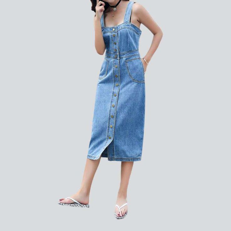 Introducing the 2023 Spring-Summer Collection's ultimate statement piece ââ‚?a long women's denim dress with 90s vibes! Crafted with premium quality denim and inspired by the iconic '90s punkish movement. this dress is a unique blend of contemporary vogue and nostalgic trend.Why You'll Love ItThis denim dress exudes an effortlessly cool attitude with its laid-back distressed pattern and light wash. Perfectly hugging your silhouette. it ensures you look chic without compromising on ease. And with Cotton Denim Midi Dress With Button Closure, Cotton Midi Denim Dress With Button Closure, Elegant Ribbed Collar Top, Dark Wash Button Closure Summer Dress, Summer Washed Blue Dress With Button Closure, Summer Washed Blue Dresses With Button Closure, Non-stretch Denim Dress With Button Closure, Fitted Midi Dress With Pockets For Summer, Trendy Cotton Dress With Button Closure