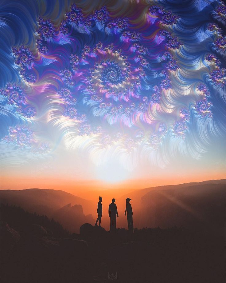 two people standing on top of a hill under a sky filled with swirly clouds