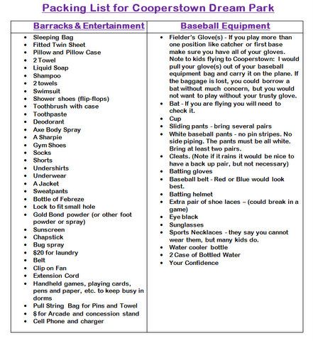 the packing list for coopertown dream park