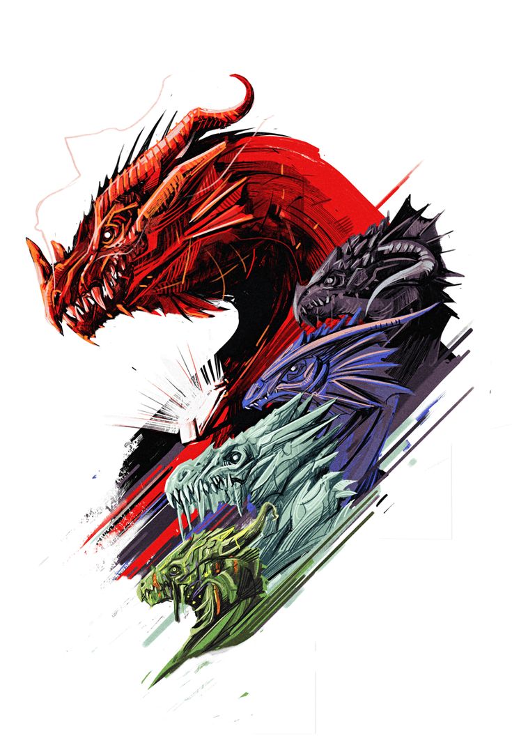 an artistic painting of two dragon heads with different colors and patterns on them, one is red