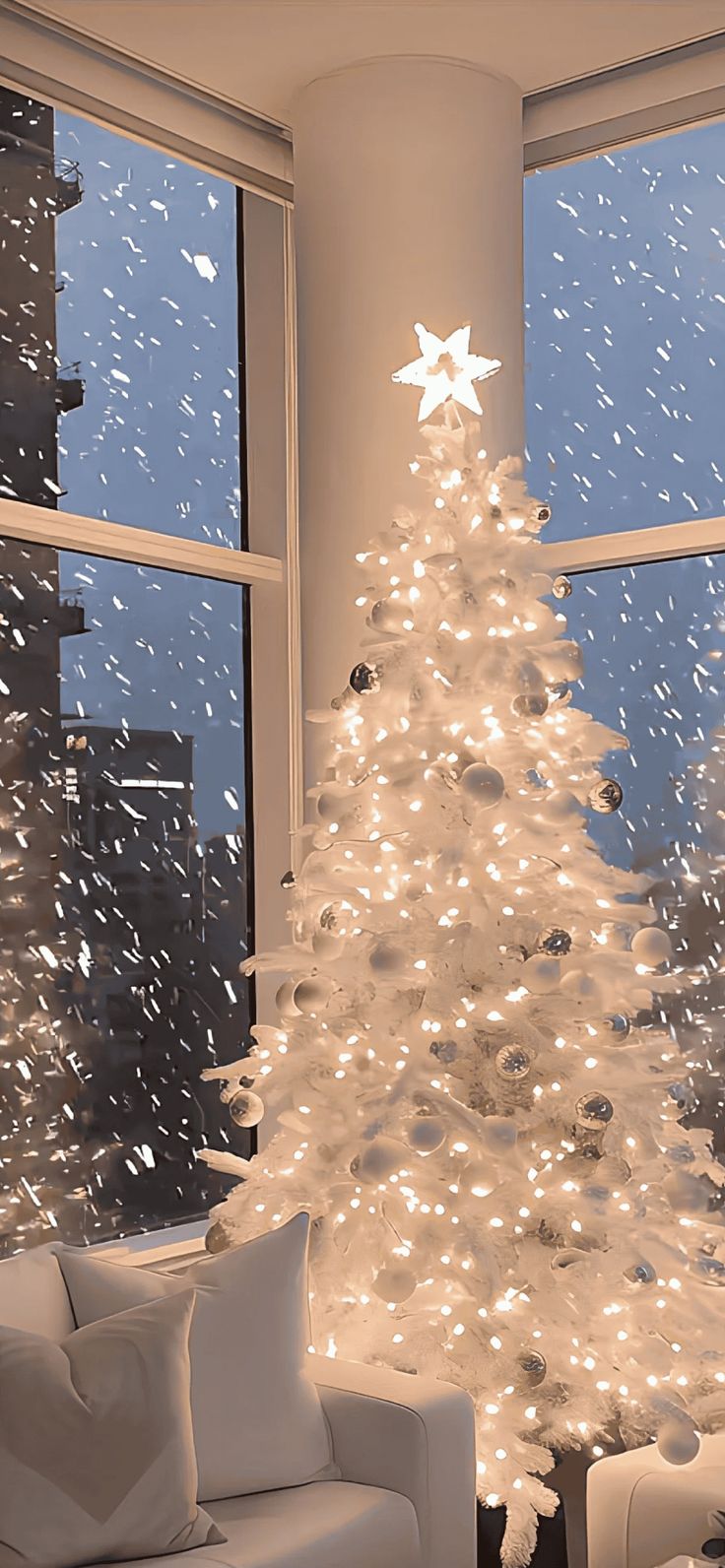 a white christmas tree sitting in front of a window