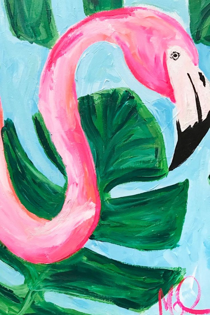 an acrylic painting of a pink flamingo sitting on top of green leaves