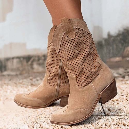 Category:Boots; Upper Materials:Faux Leather,PU; Season:Fall,Winter; Heel Type:Chunky Heel,Block Heel; Gender:Women's; Toe Shape:Round Toe; Type:Mid Calf Boots; Style:Minimalism,Casual,Vintage; Heel Height(inch):1-2; Outsole Materials:Rubber; Occasion:Daily,Outdoor; Closure Type:Zipper; Pattern:Solid Color; Listing Date:09/20/2023; 2024 Trends:Cowboy Boots,Plus Size; Foot Length:null; Foot Width:null White Cowboy Boots, Brown Suede Heels, Orthopedic Shoes, Boots Women Fashion, Cow Boy, Look Plus, Mid Heel, Yellow And Brown, Suede Heels