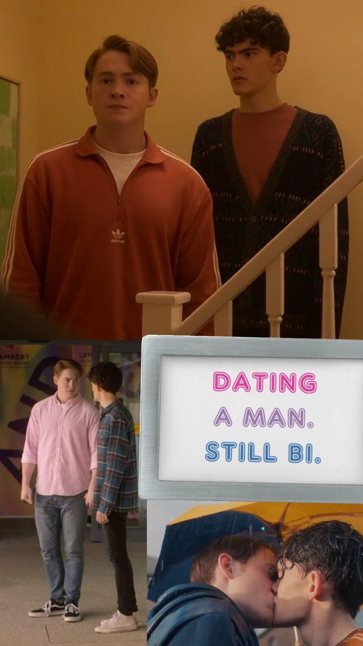 two young men standing next to each other in front of a sign that says, dating a man still bi