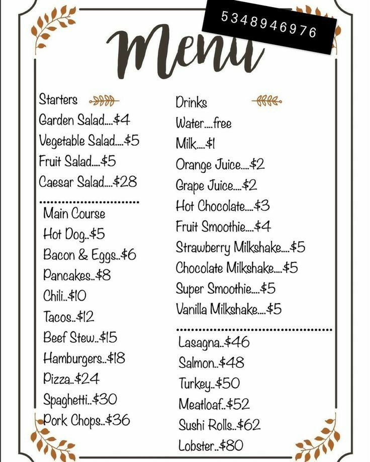 a menu for a restaurant with an orange and black border