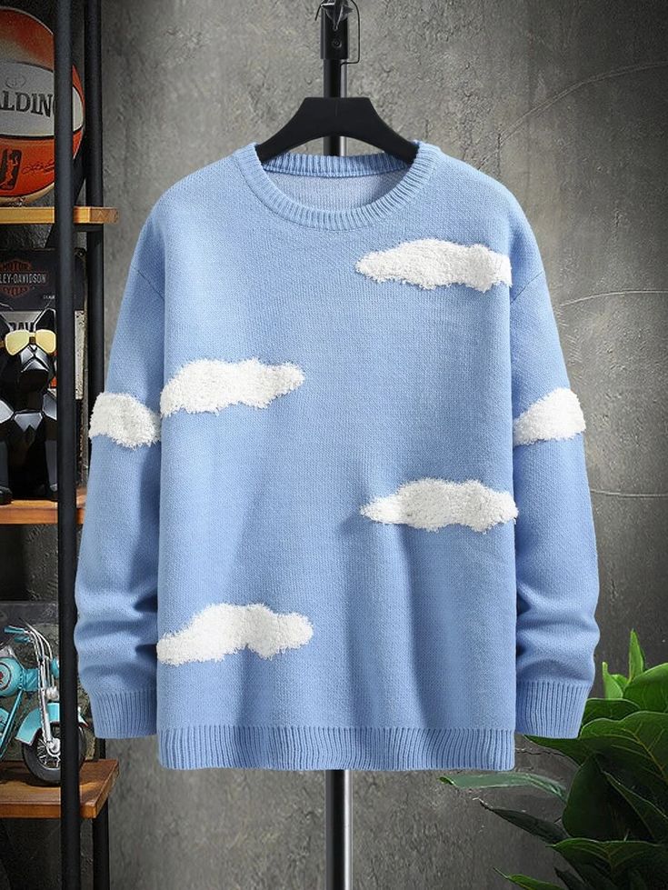 Men Clouds Pattern Drop Shoulder Sweater | SHEIN USA Autumn Sky, Cloud Design, Men's Pullover, Clouds Pattern, Drop Shoulder Sweaters, Round Neck Sweaters, Plus Size Sweaters, Knitwear Men, Mens Plus Size