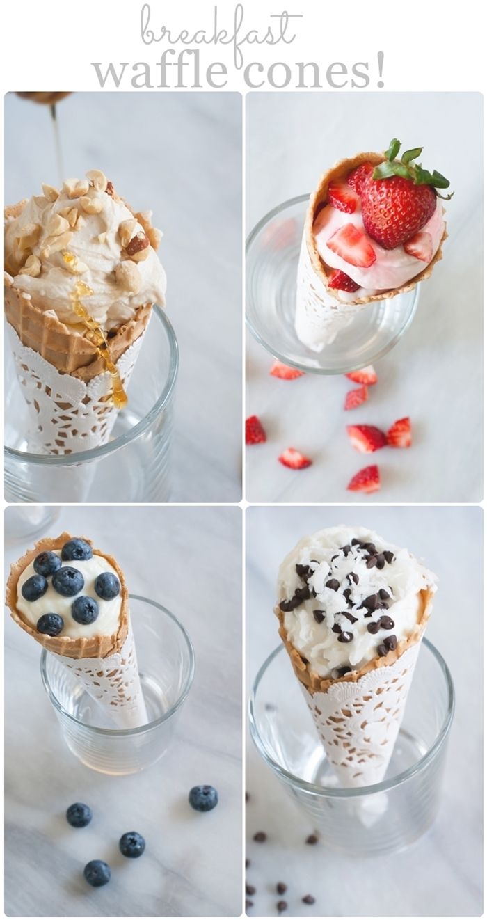 four different shots of ice cream with strawberries and blueberries