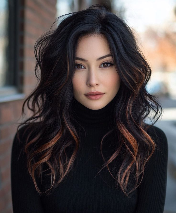 Dark Walnut Tresses with Cinnamon Illustrates Brunette Black Balayage Hair, Black And Cinnamon Hair, Black Hair For Pale Skin, Hair Color Changes For Dark Hair, Black And Chestnut Hair, Black Caramel Hair, Dark Fall Hair Ideas, Black Roots Copper Hair, Face Framing Highlights On Black Hair