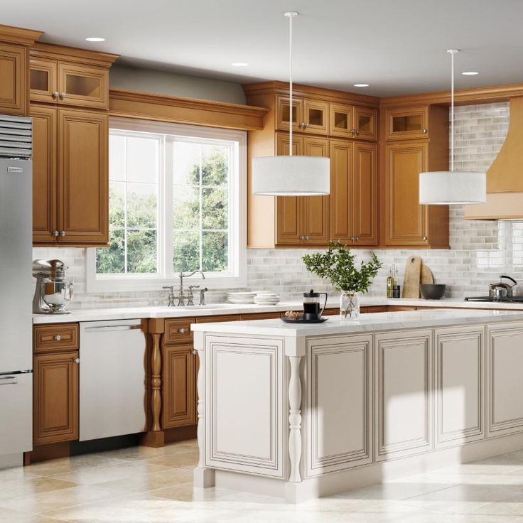 a large kitchen with wooden cabinets and stainless steel appliances, including an island in the middle