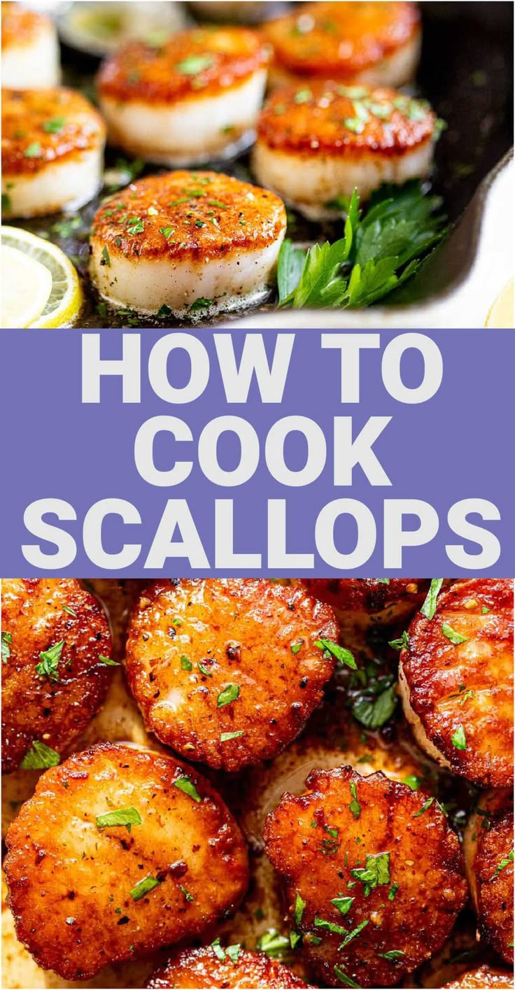 how to cook scallops in a cast iron skillet with text overlay