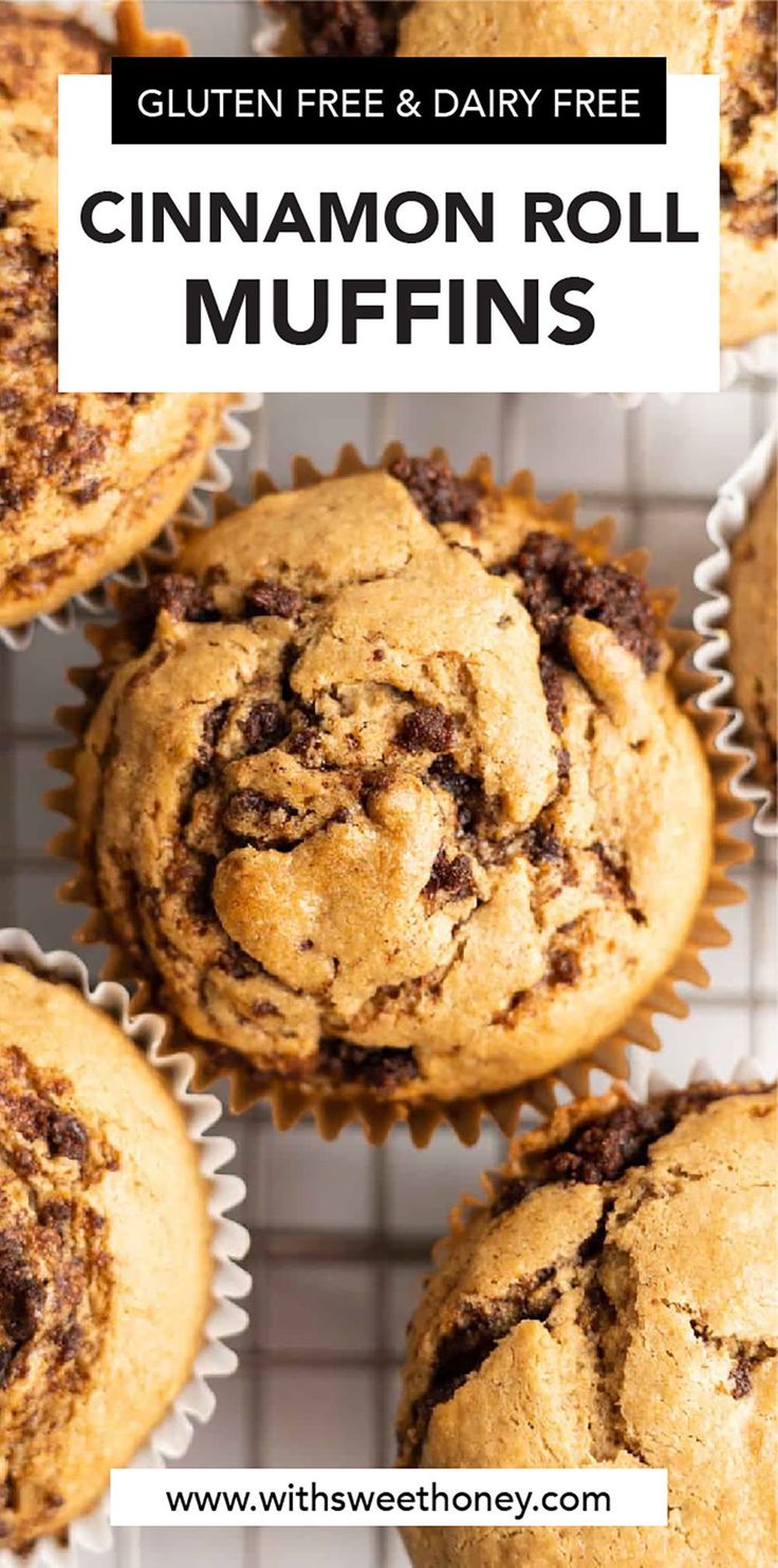 gluten free and dairy free cinnamon roll muffins on a cooling rack