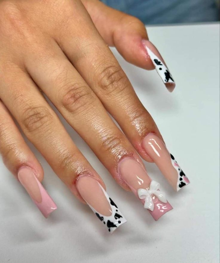 Cow French Tip, Cowboy Nails, Bow Nails, Forever Roses, Cow Nails, Drip Nails, Colored Acrylic Nails, Girly Acrylic Nails, Glow Nails