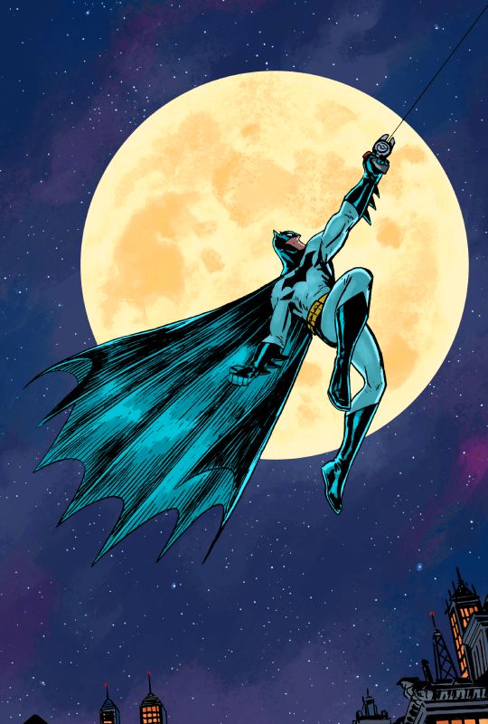 the batman flying in front of a full moon with his cape extended and head down