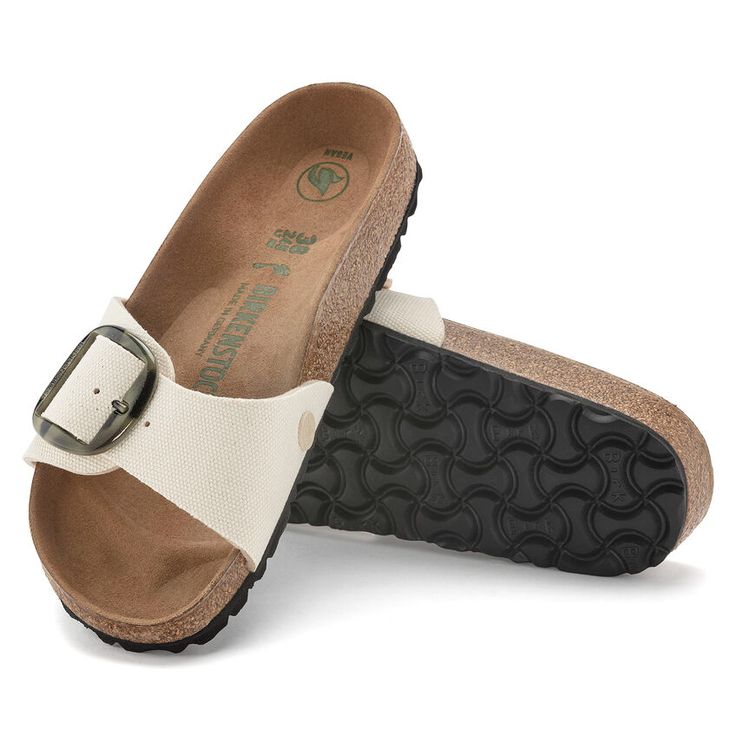 Madrid Vegan Big Buckle Beige Open Toe Canvas Sandals, Casual Beige Canvas Sandals, White Slides With Buckle Closure, Beige Buckle Closure Slides For Spring, Beige Slides With Buckle Closure For Spring, Casual Beige Slides With Buckle Closure, Beige Canvas Sandals For Vacation, White Canvas Sandals For Summer, Casual White Canvas Sandals