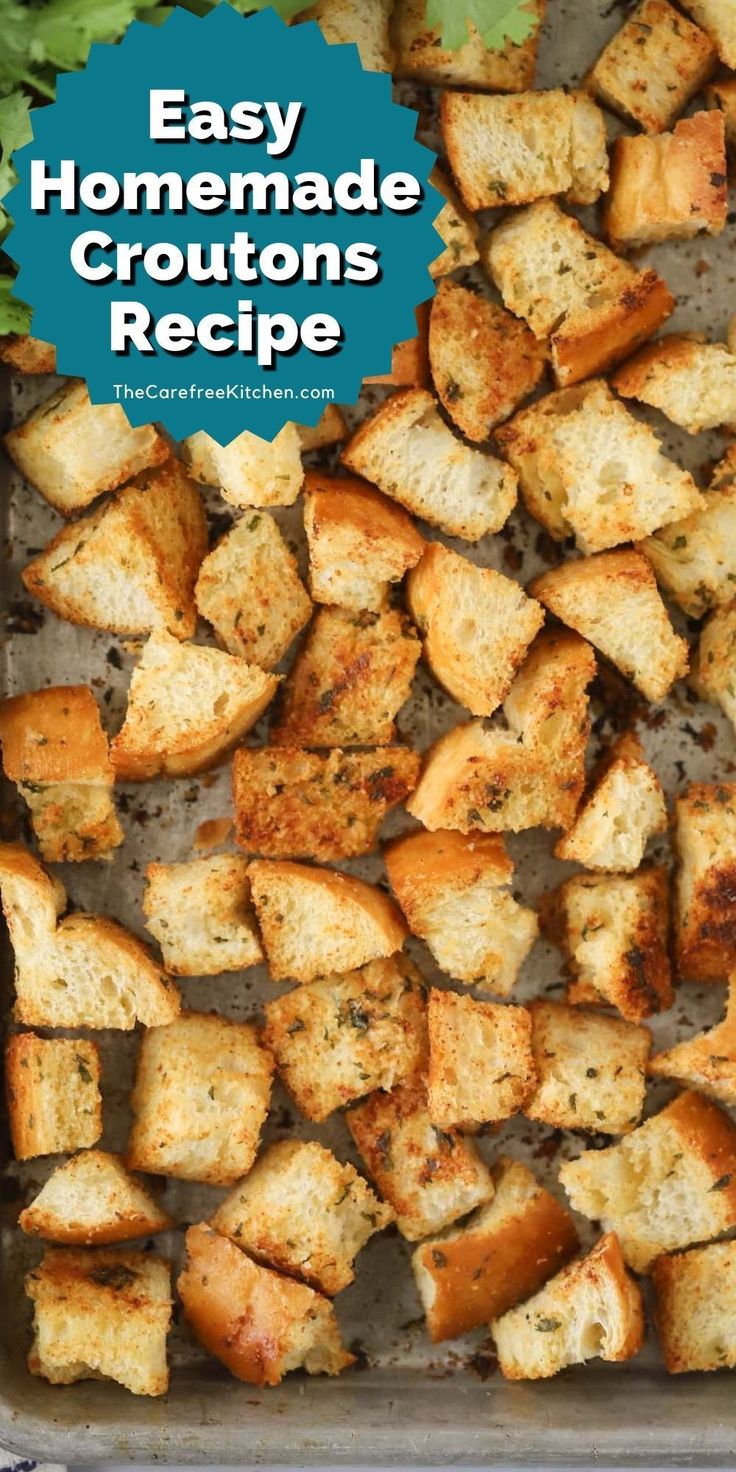 an easy homemade croutons recipe in a baking pan