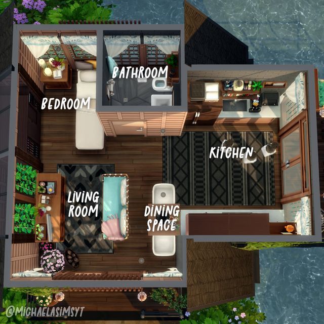 an overhead view of a small house with the living room and dining area labeled in white