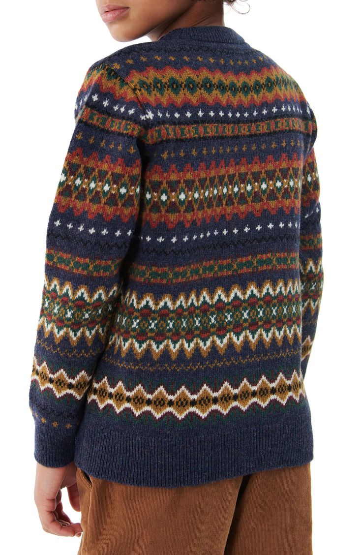 Elevate your mini-me's cold-weather style with this classic Fair Isle sweater crafted from warm wool with cozy ribbed trim. 100% wool Hand wash, dry flat Made in Turkey Nordic Style Warm Sweater For Fall, Nordic Sweater For Fall Cold Weather, Nordic Sweater For Fall And Cold Weather, Warm Nordic Sweater For Fall, Winter Fair Isle Pattern Sweater For Cold Weather, Wool Outerwear With Fair Isle Pattern For Fall, Wool Sweater With Fair Isle Pattern For Fall, Wool Sweater For Outdoor Winter Use, Nordic Style Outerwear With Fair Isle Pattern For Winter