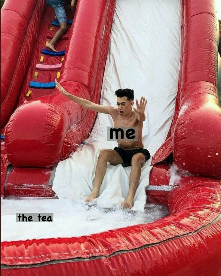 a man sitting on top of an inflatable water slide with the words me